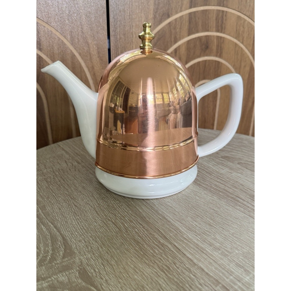 Vintage White Porcelain Teapot w/Removable Copper Insulated Cover Tea Server EUC